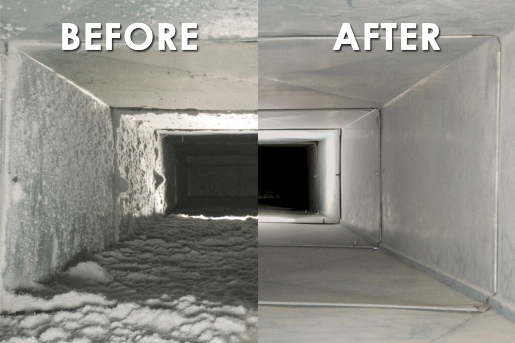 Before and after air duct cleaning showing dust removal and improved airflow