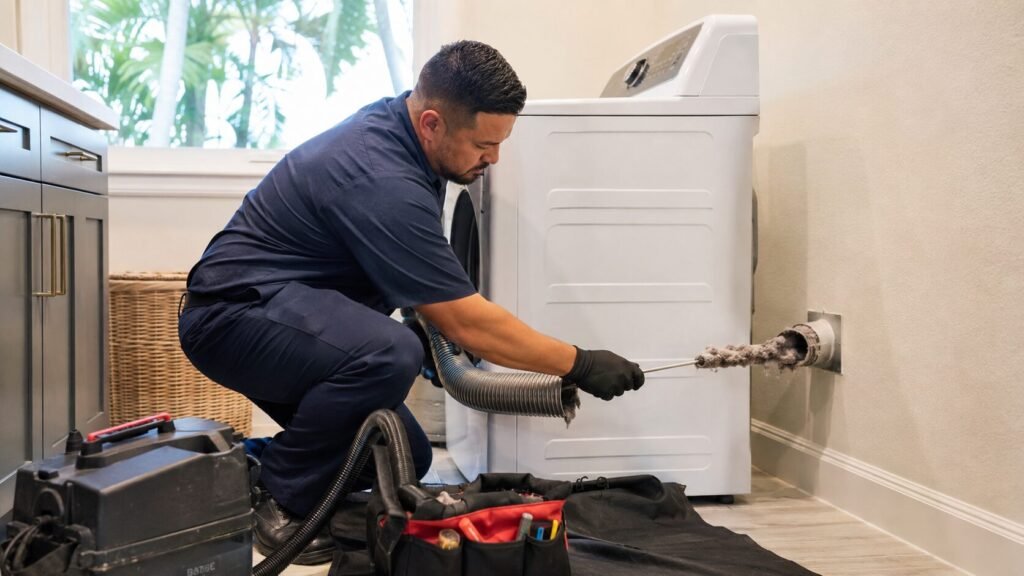Technician Cleaning a Clogged Dryer Vent