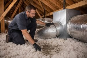 HVAC technician inspecting attic air ducts and insulation for humidity-related moisture problems in a South Florida home.