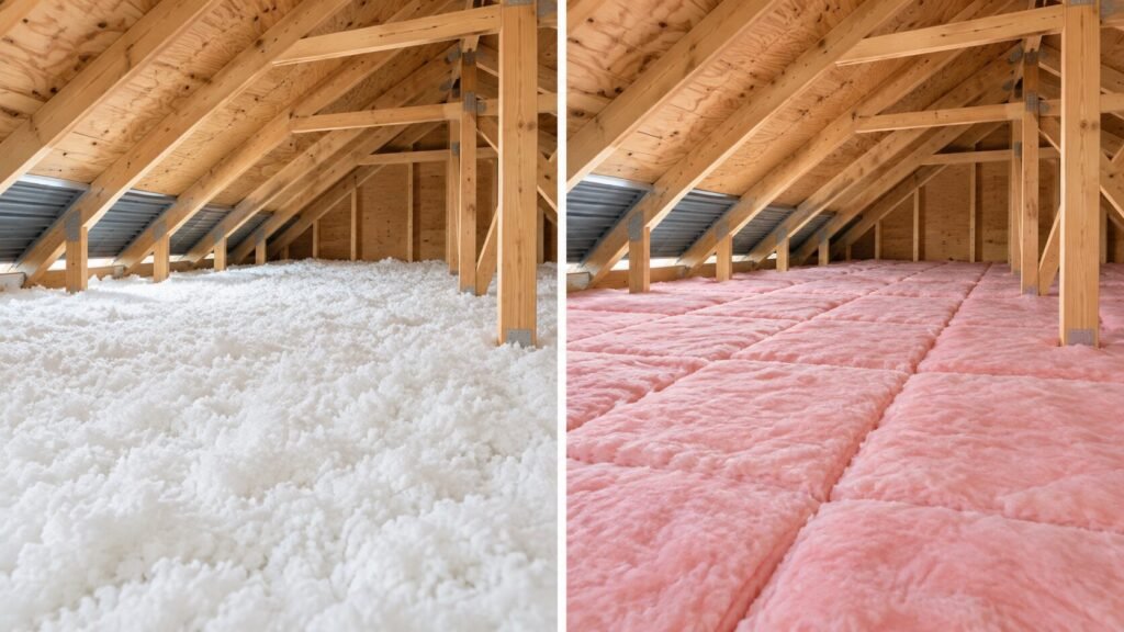 Side-by-side comparison of white blown-in insulation and pink fiberglass batts in residential attics