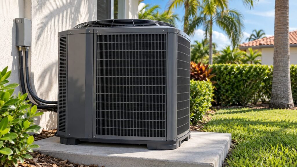 Outdoor air-conditioning unit beside a South Florida home with tropical landscaping