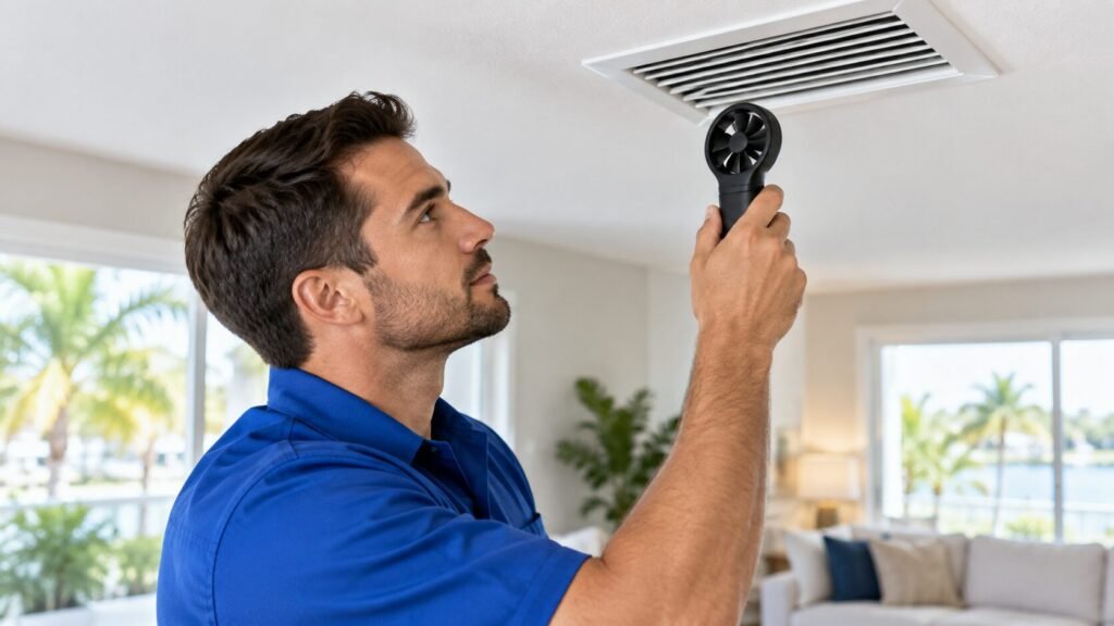 HVAC technician inspecting airflow at a ceiling vent in a South Florida home