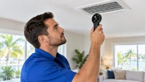 HVAC technician inspecting airflow at a ceiling vent in a South Florida home