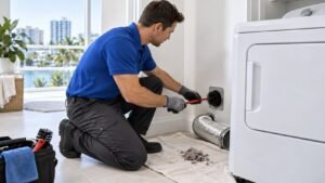 Technician cleaning a dryer vent in a bright South Florida condo laundry area